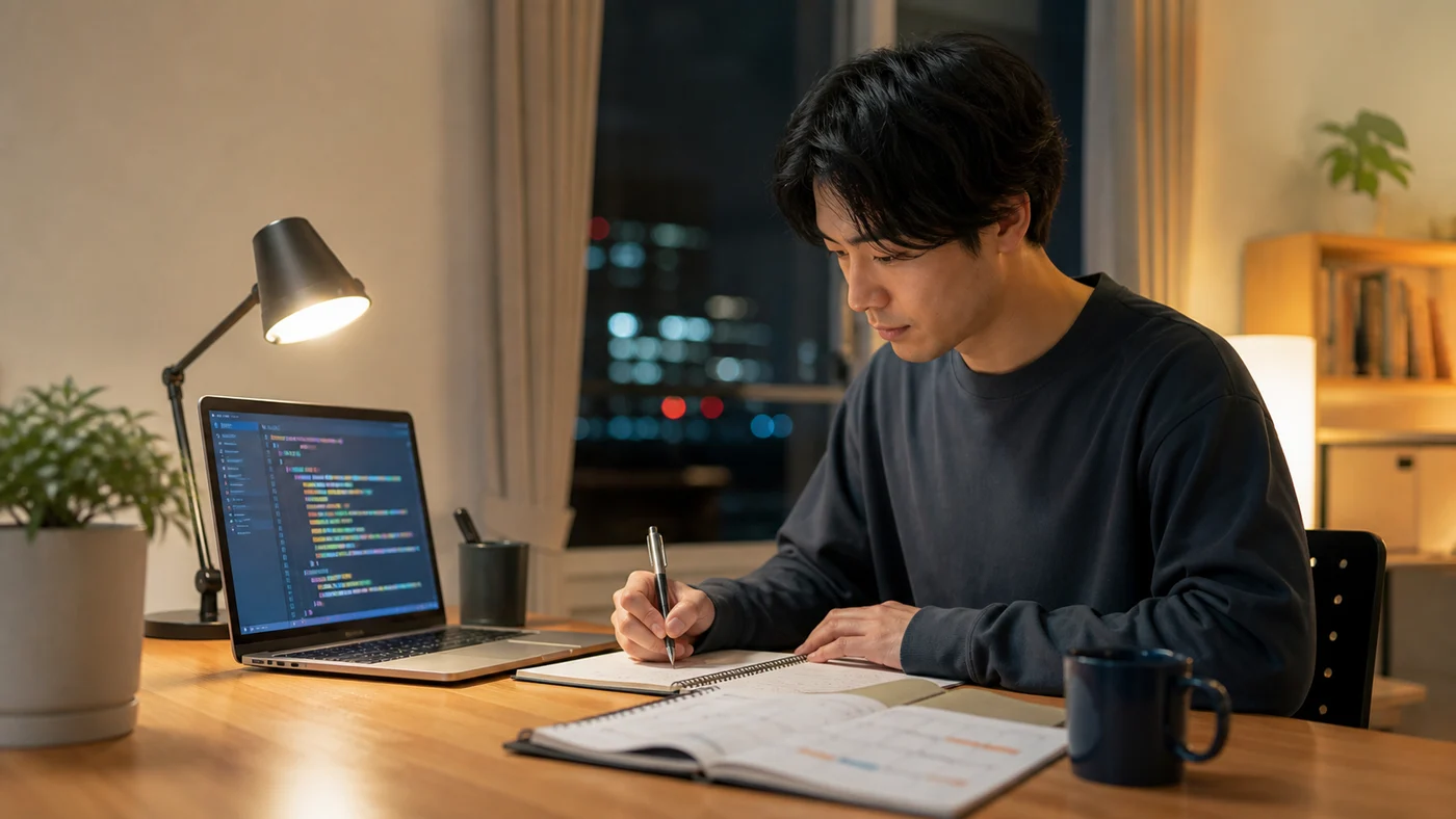 仕事と両立しながらプログラミングを学ぶ社会人のイメージ