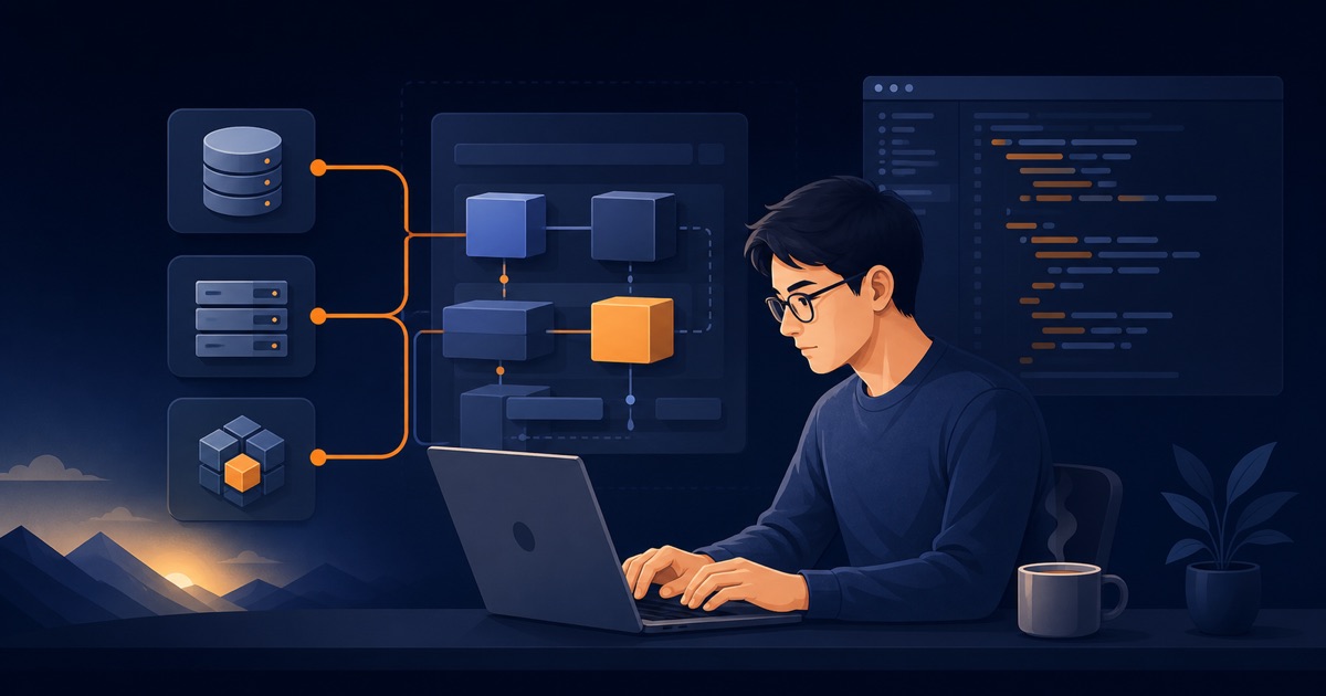 Java学習と業務システム開発の構造を表す初心者向けイラスト
