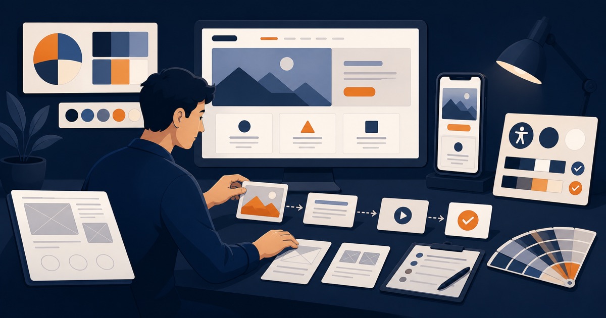 Webデザインの情報設計・UI・コーディング・アクセシビリティを表すイラスト
