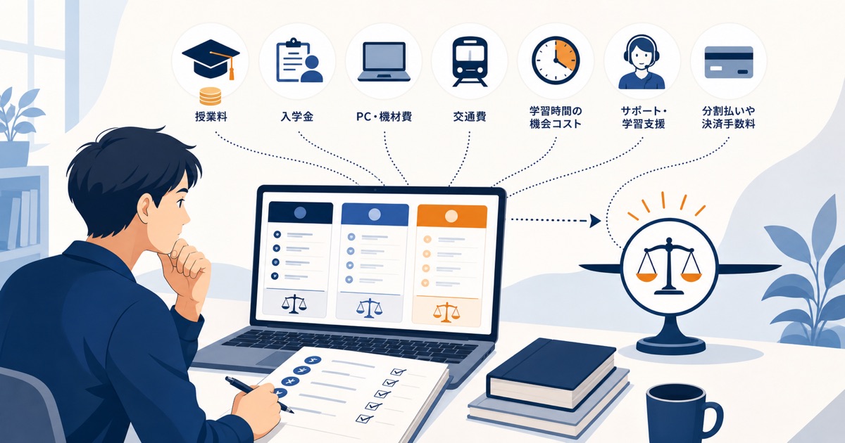 受講料や入学金、PC、交通費、学習時間、サポート、分割手数料を含めてスクール総額を比較する図解