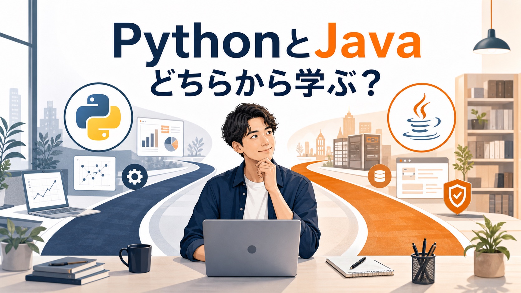 PythonとJavaのどちらを学ぶか比較する初心者のイラスト