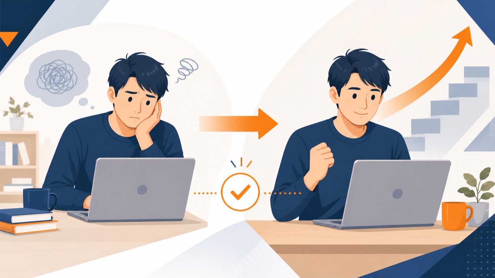 プログラミング学習を小さな一歩から再開する男性のイラスト