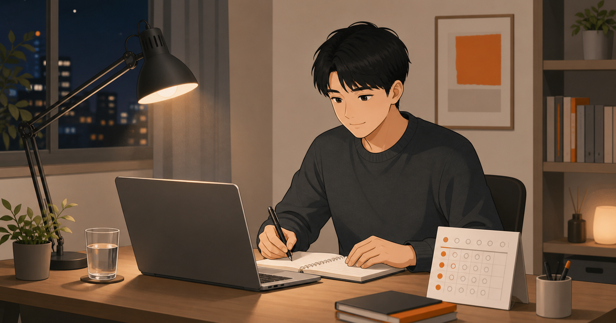 自宅の整った机でオンライン学習を続ける社会人のイラスト