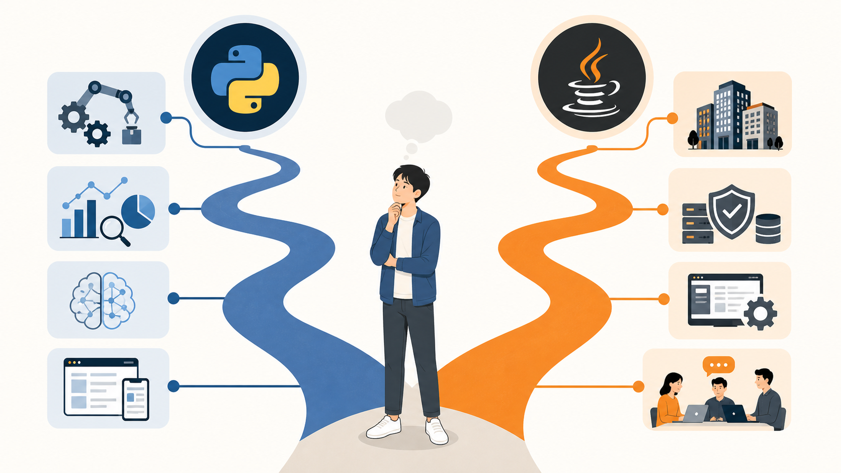 PythonとJavaを目的別に選ぶ判断フローの図解