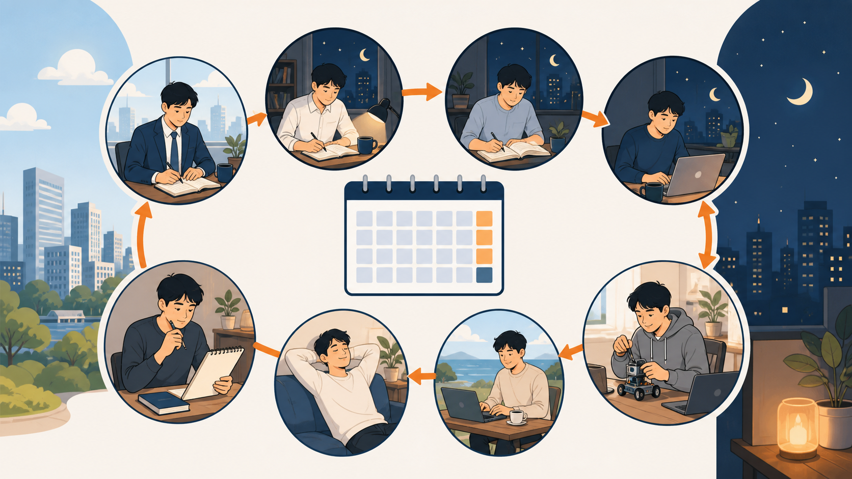 社会人が働きながら学ぶ1週間の学習リズムを示した図解