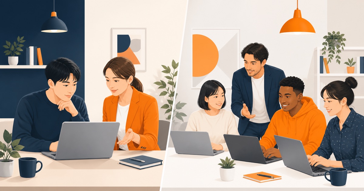 個別指導と集団授業の学習形式を比較するイラスト