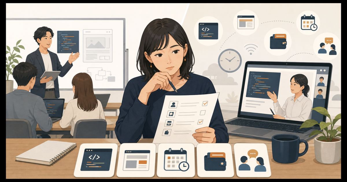 教室とオンラインの授業を比較しながら受講条件を確認する学習者