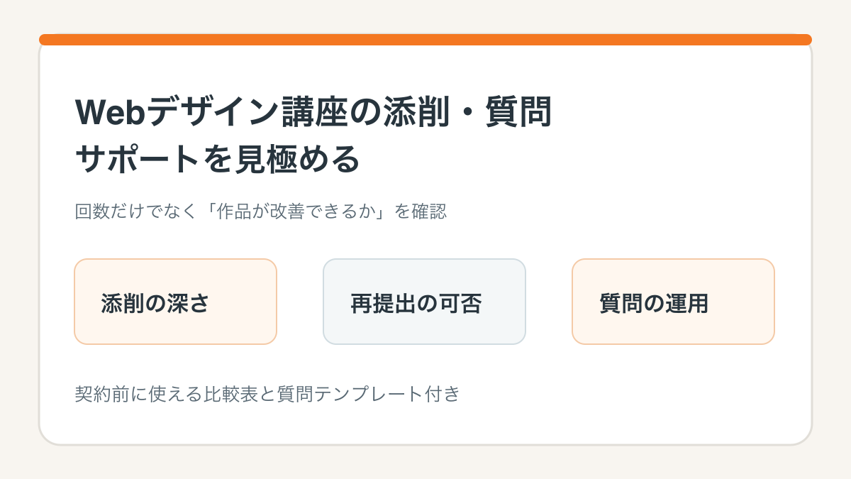 Webデザイン講座の添削と質問支援を、目的、理由、再提出、期限で比較する図