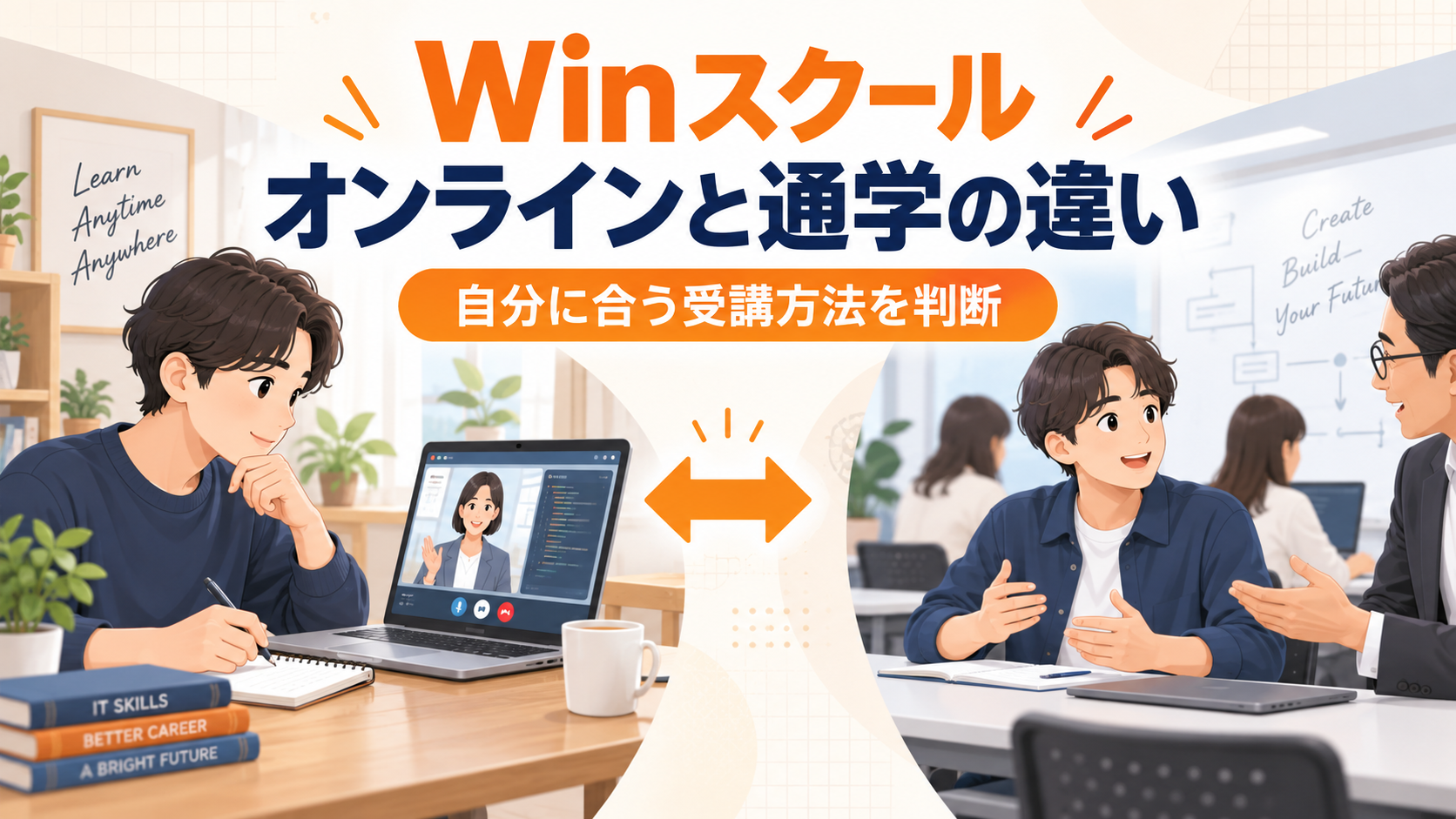 Winスクールのオンラインと通学の違いを比較するアイキャッチ