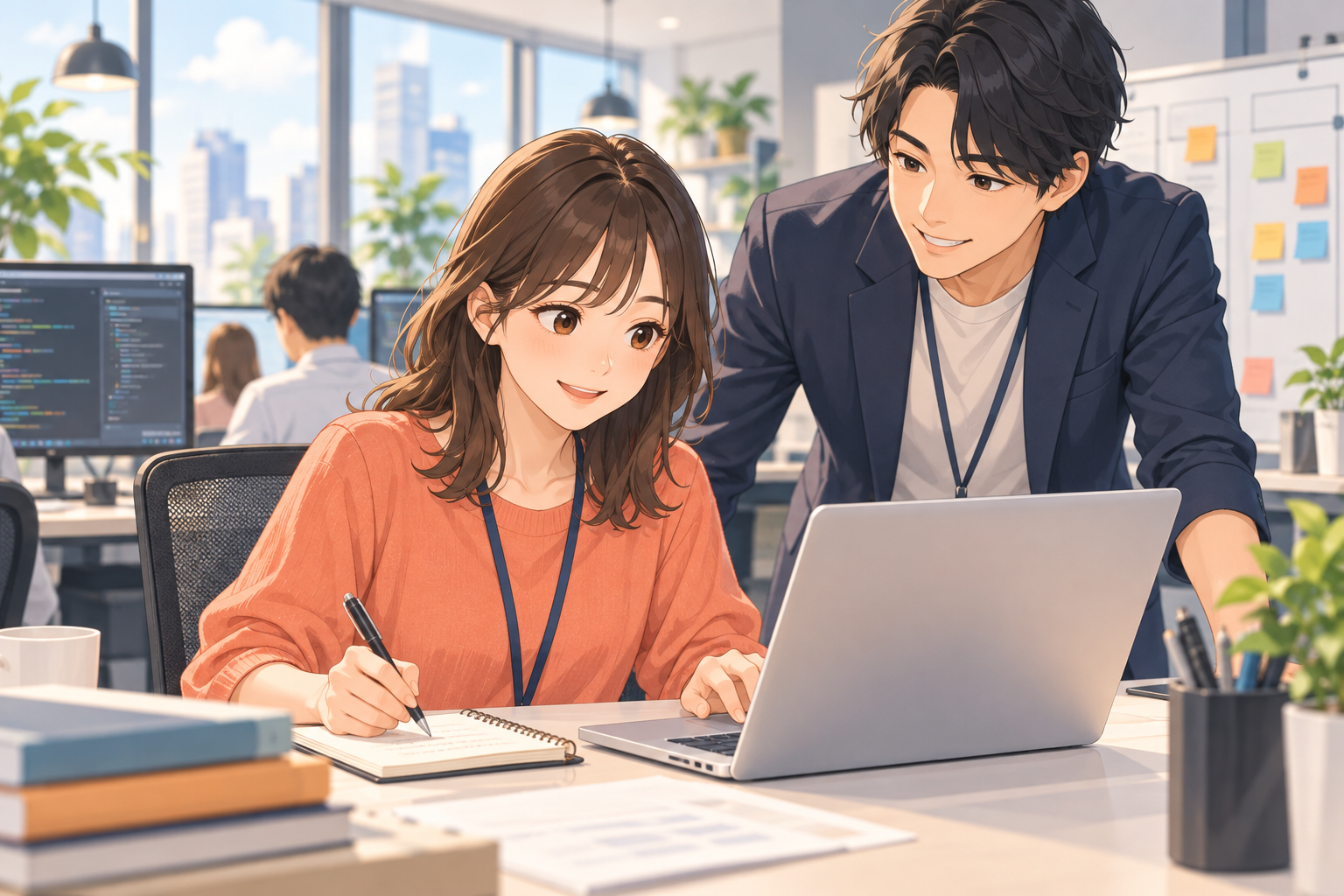 未経験IT転職で入社後の課題を整理し、先輩に相談する女性