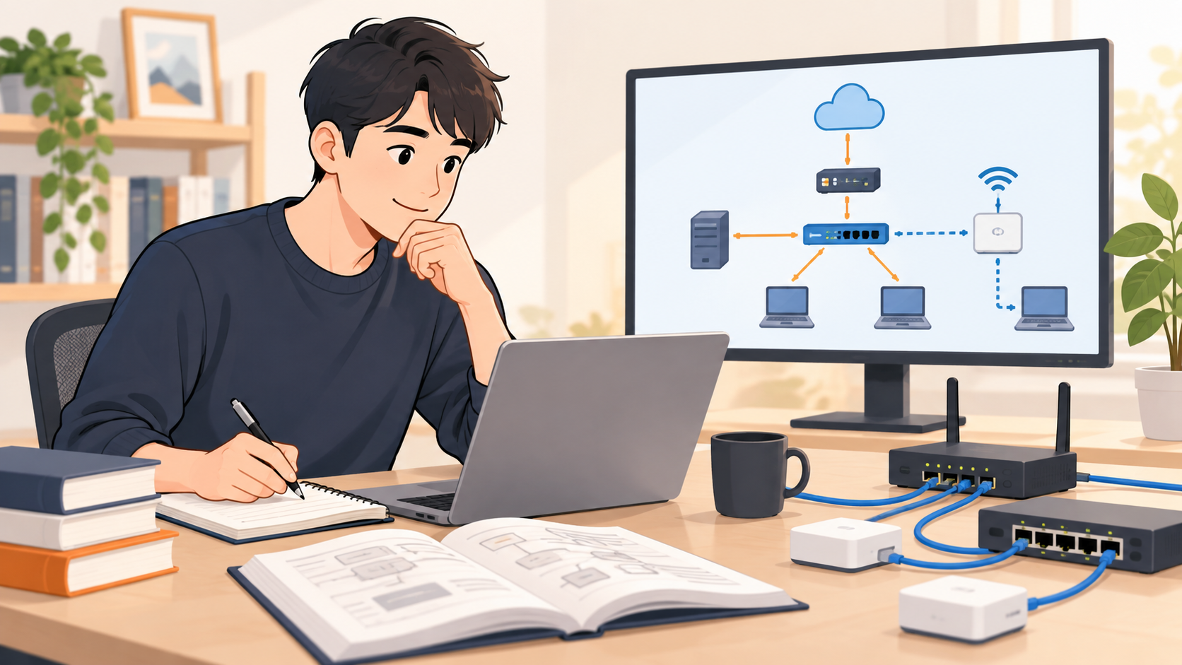 未経験者がネットワーク構成を学び、ネットワークエンジニアを目指す様子