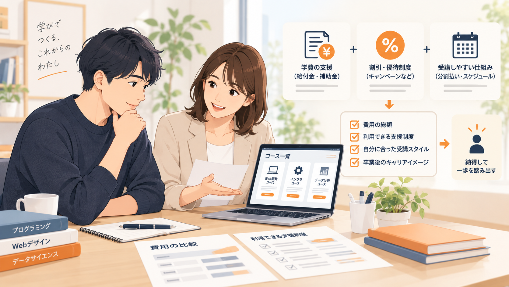 Winスクールの給付金と受講費用を比較し、申込条件を確認する様子