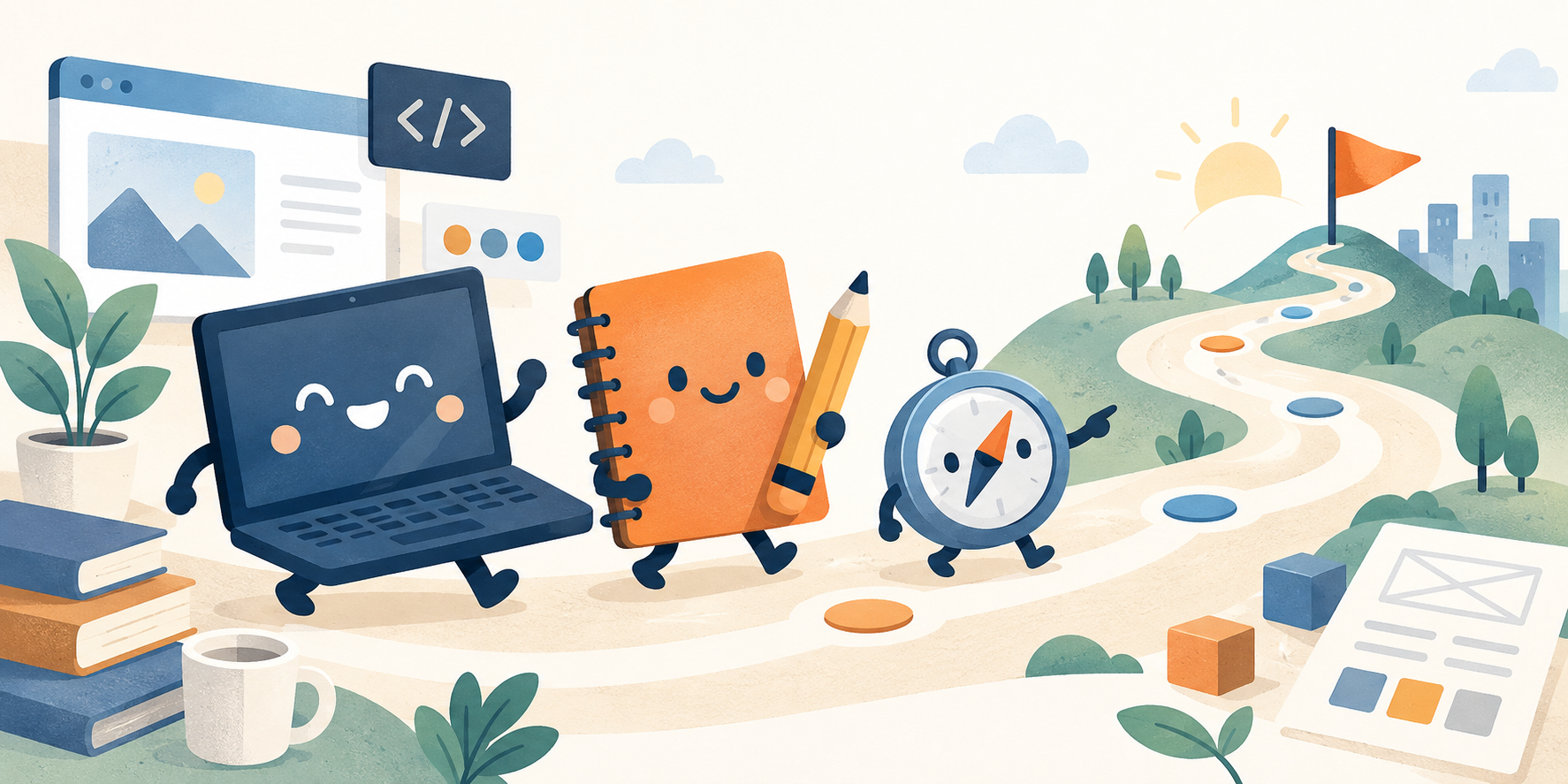 パソコン・ノート・コンパスのマスコットがWebスキルとキャリアの道を進むイラスト