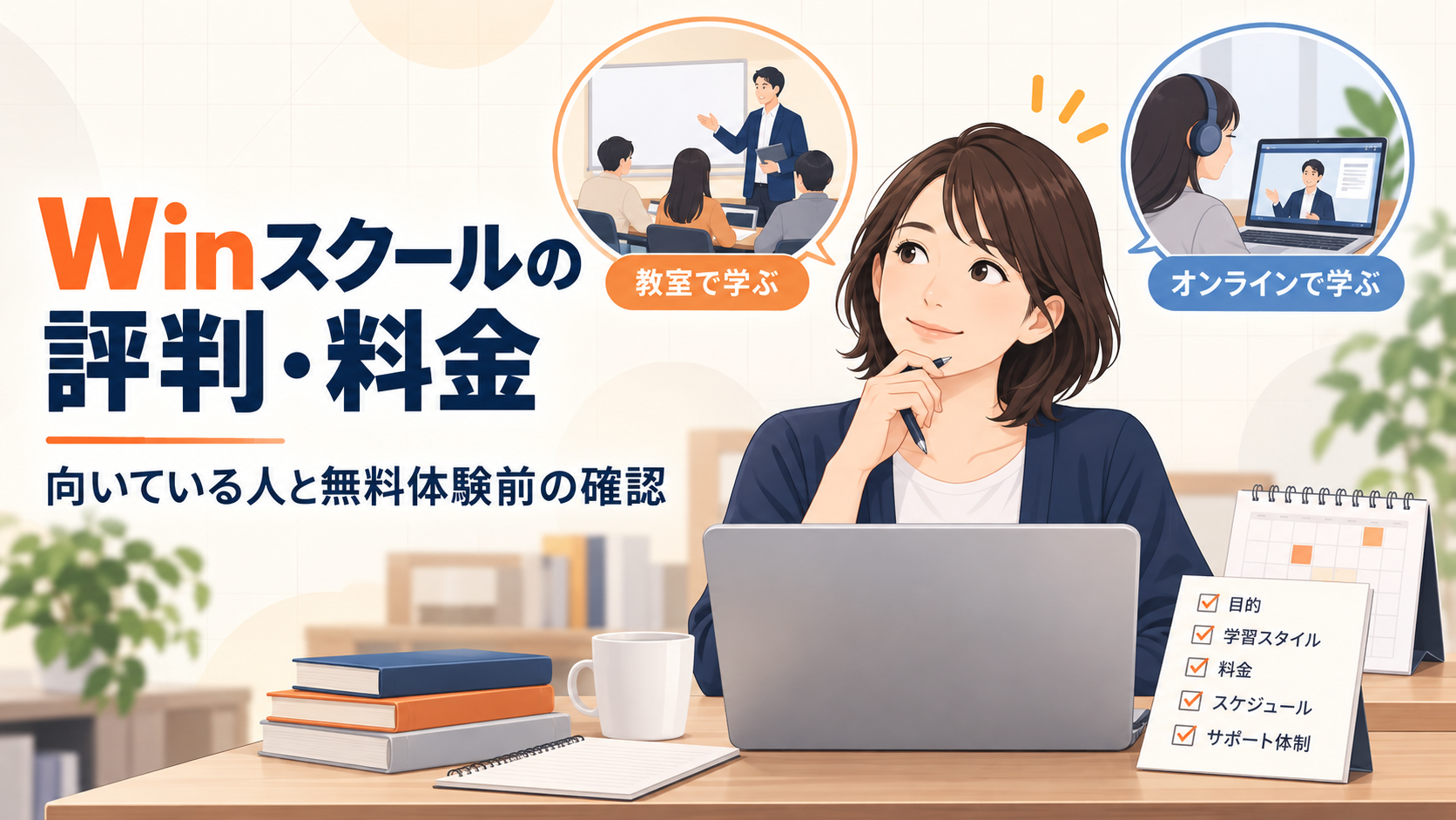 Winスクールの評判・料金と、教室・オンラインの受講方法を比較するアイキャッチ