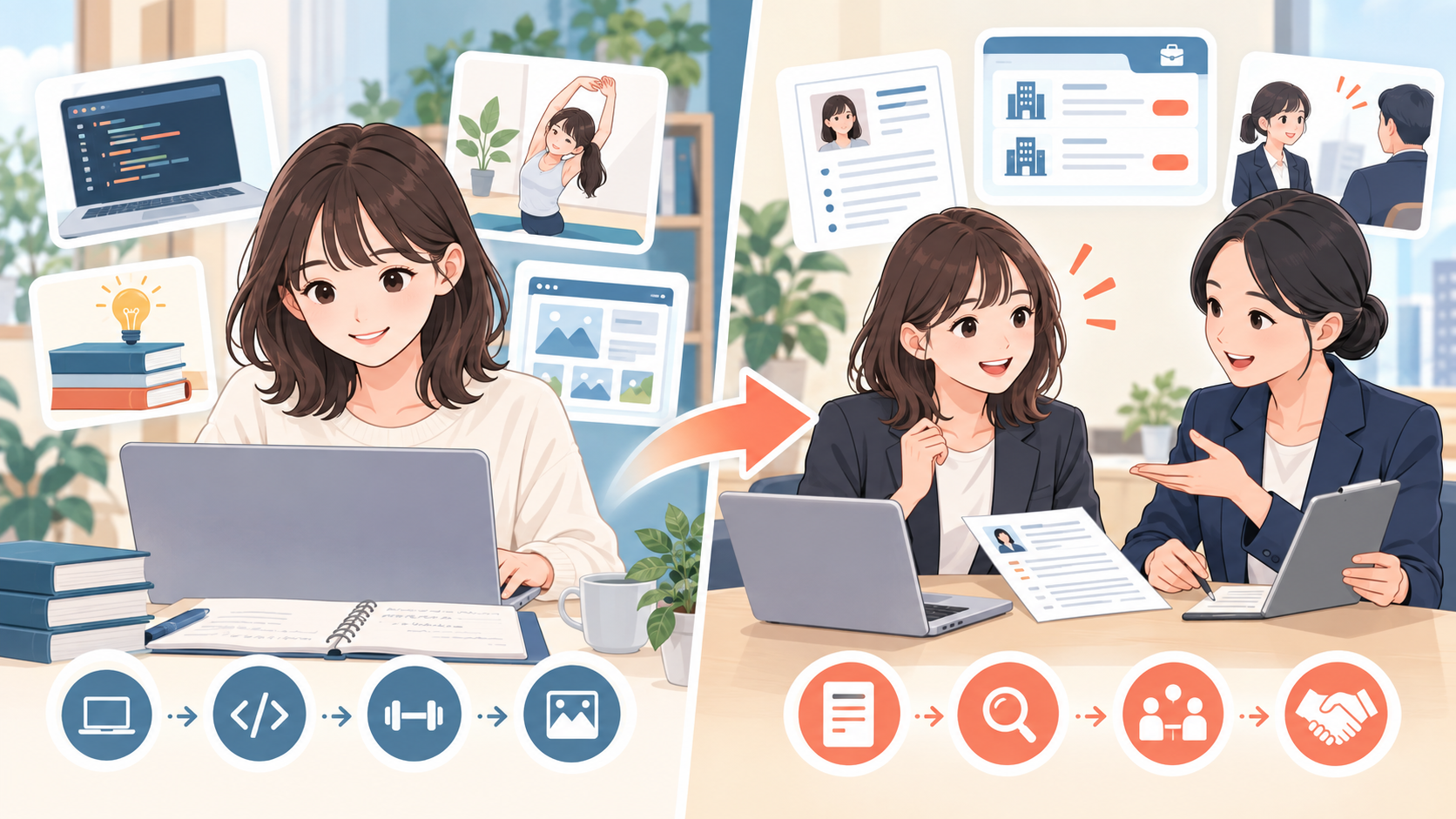 ITスキル学習から制作物作成へ進む流れと、求人紹介から面接へ進む流れの比較