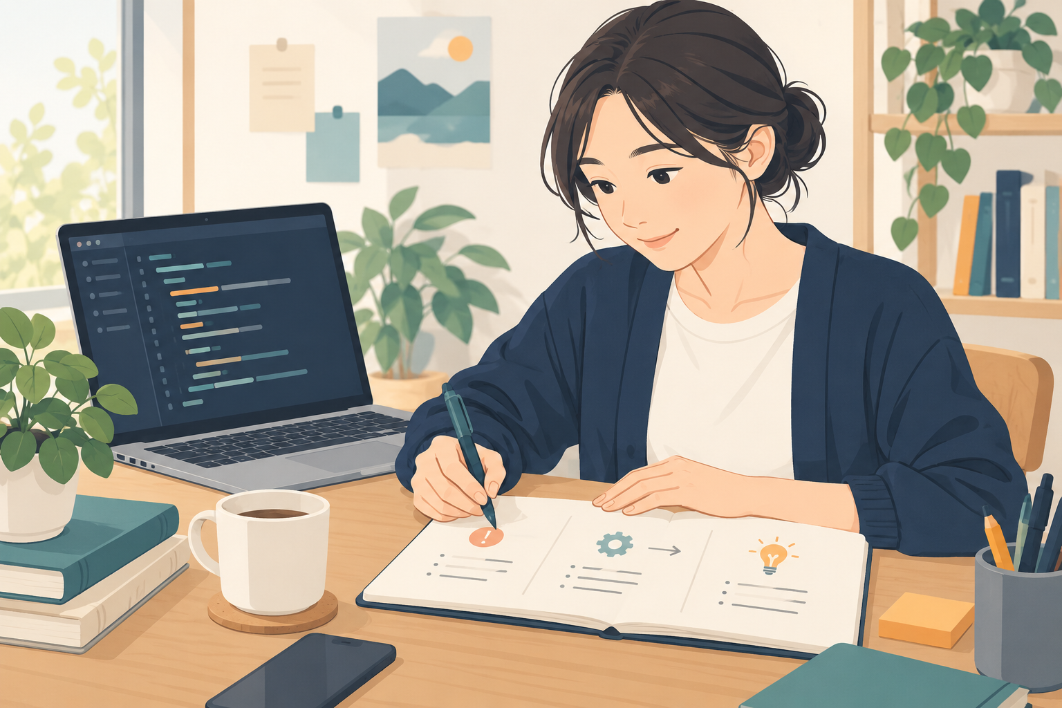 パソコンで学習した課題と試行結果をノートに整理する人のイメージ
