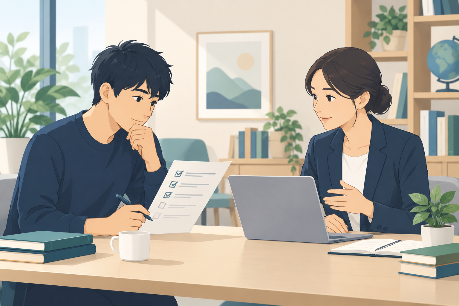 チェックリストとパソコンを使い、学習目的や受講条件を相談する人を描いたイメージイラスト